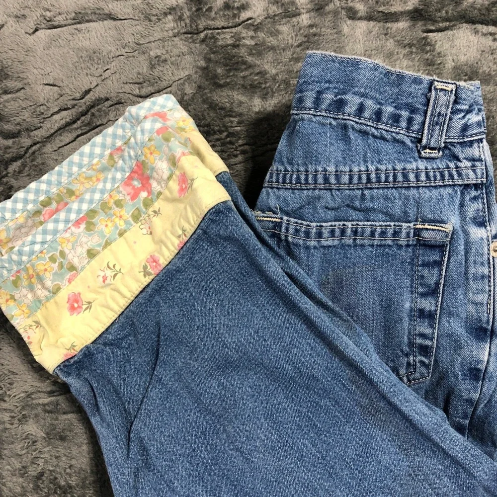 Old Navy Capri Jeans Girls 10 Blue Floral Patchwork Cuff Denim Pants 138259-03-1